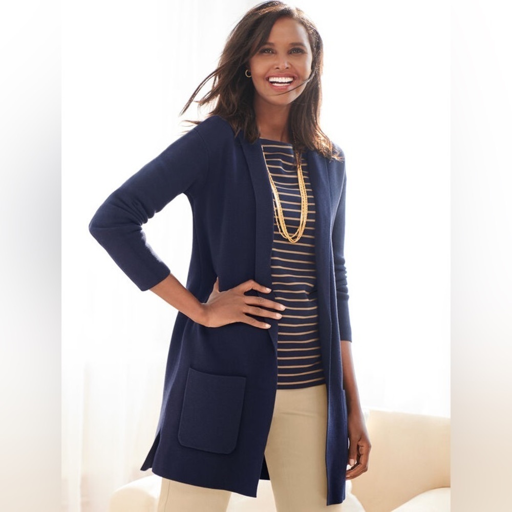 Talbots Navy Open-Front Long Cardigan